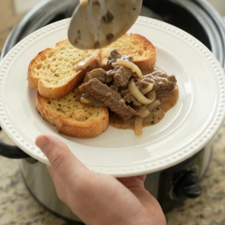 Slow cooker flank steak in creamy Gruyère mushroom sauce, bubbling in a black Crockpot