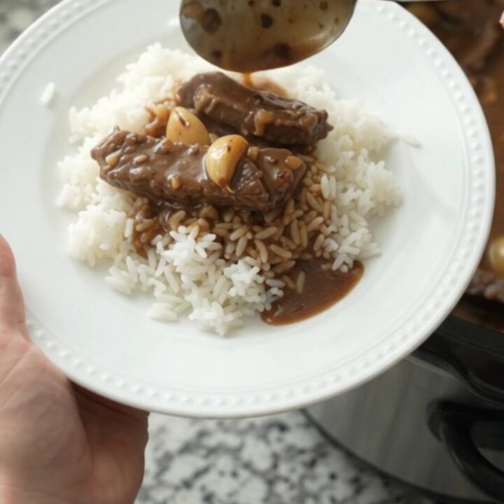 Slow cooker flank steak and potatoes in bourbon gravy