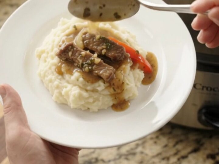 Slow-cooker cowboy butter flank steak with bell peppers and red onions in a rich au jus, served on a white plate.