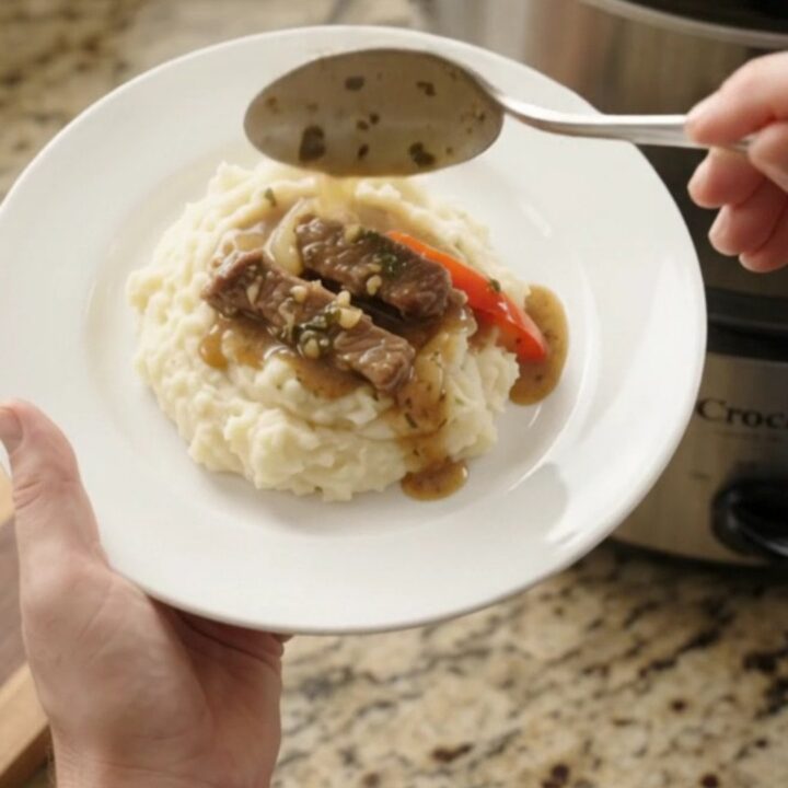 Slow-cooker cowboy butter flank steak with bell peppers and red onions in a rich au jus, served on a white plate.