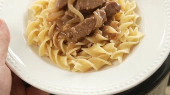 Slow cooker sour cream French onion flank steak with creamy gravy