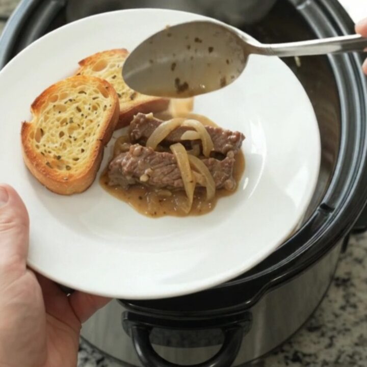Slow cooker filled with tender flank steak and onions in a creamy Gruyère sauce, with steam rising
