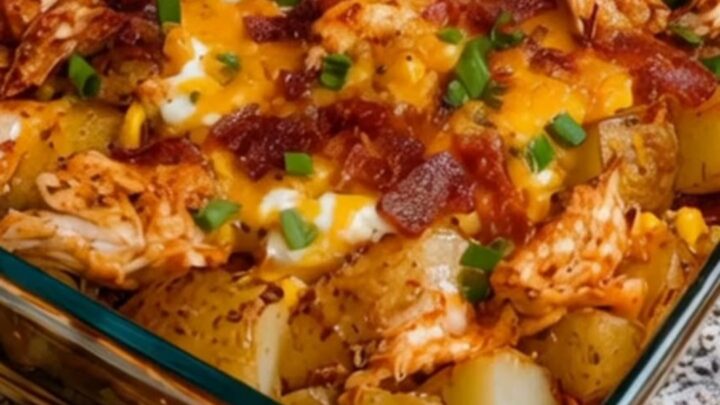 A close-up of a cheesy BBQ chicken potato bake in a glass dish with melted cheddar and bacon.