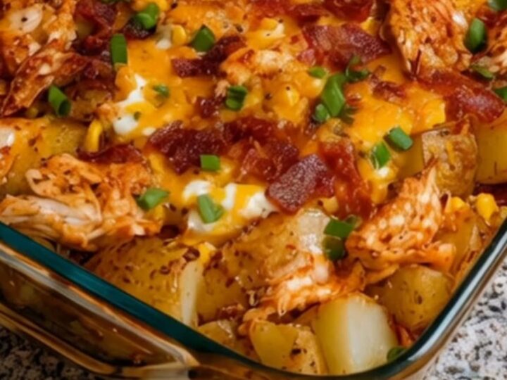A close-up of a cheesy BBQ chicken potato bake in a glass dish with melted cheddar and bacon.