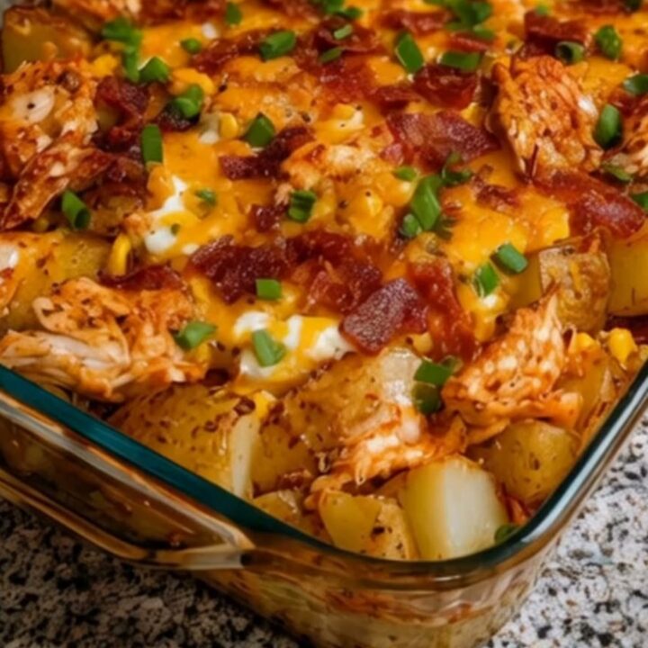 A close-up of a cheesy BBQ chicken potato bake in a glass dish with melted cheddar and bacon.