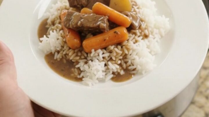 Slow-cooker flank steak with carrots and potatoes in bourbon gravy