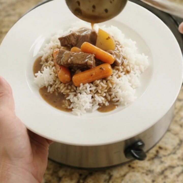Slow-cooker flank steak with carrots and potatoes in bourbon gravy