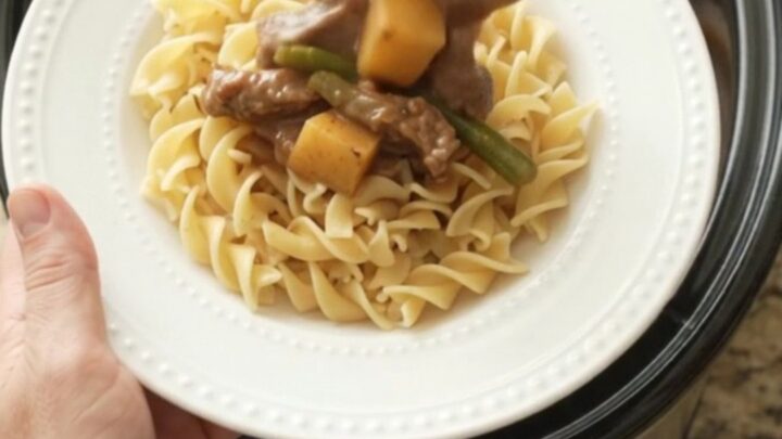 Slow cooker with tender flank steak, green beans, and potatoes in a rich sour cream gravy
