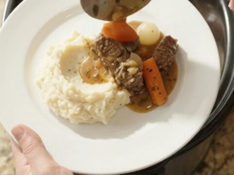 Slow cooker flank steak with pearl onions and carrots in a rich au jus, served in the crockpot.