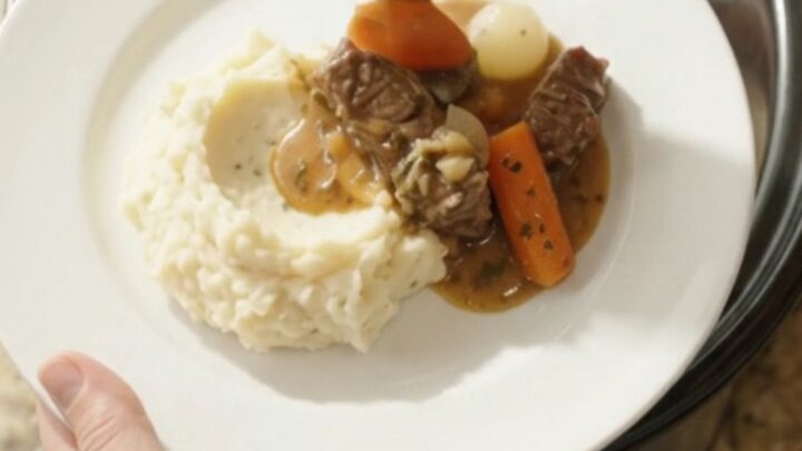 Slow cooker flank steak with pearl onions and carrots in a rich au jus, served in the crockpot.