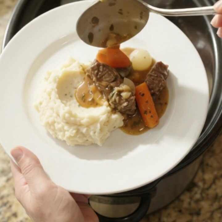 Slow cooker flank steak with pearl onions and carrots in a rich au jus, served in the crockpot.