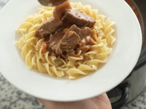 Slow cooker full of creamy stroganoff with flank steak, pearl onions, and carrots