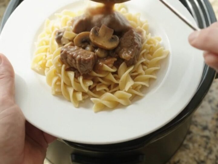 Beef tenderloin tips in creamy mushroom gravy served over buttered egg noodles in a white bowl.