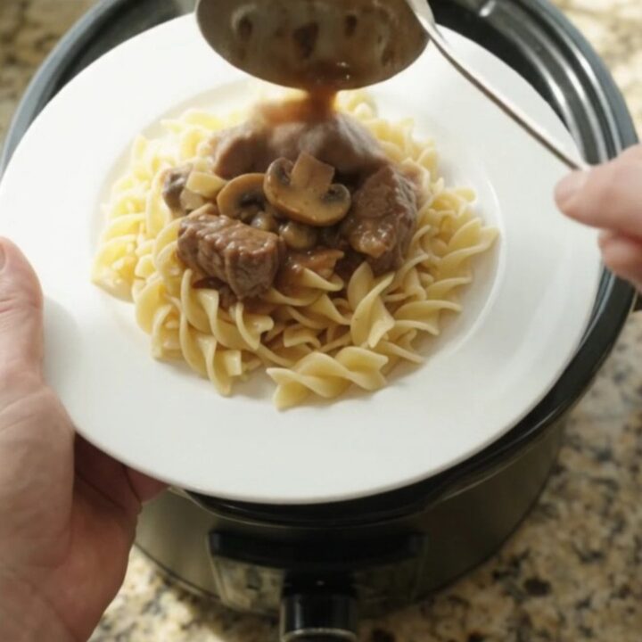 Beef tenderloin tips in creamy mushroom gravy served over buttered egg noodles in a white bowl.