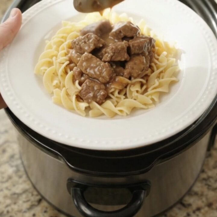 Slow cooker beef tenderloin tips with potatoes in a creamy gravy, served in the crock