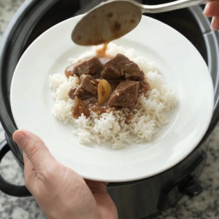 Slow cooker beef tenderloin tips with potatoes and gravy in a black crockpot