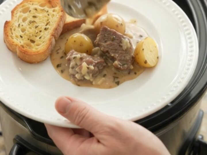 Crockpot beef tenderloin tips and baby potatoes in a creamy Gruyère sauce, garnished with fresh herbs