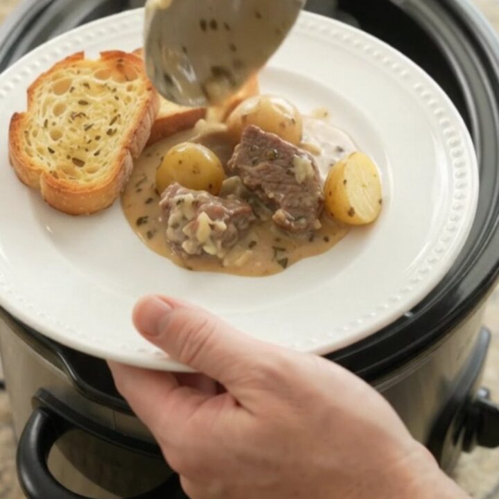 Crockpot beef tenderloin tips and baby potatoes in a creamy Gruyère sauce, garnished with fresh herbs