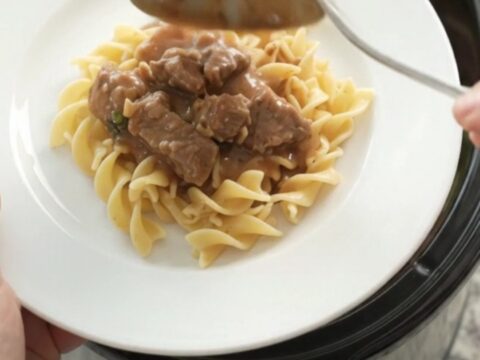 Slow cooker beef tenderloin tips with broccoli and mushrooms in creamy sour cream gravy, served over buttered egg noodles.