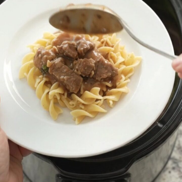 Slow cooker beef tenderloin tips with broccoli and mushrooms in creamy sour cream gravy, served over buttered egg noodles.