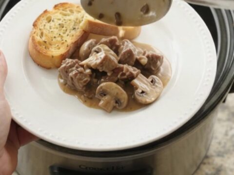 Creamy slow cooker beef tenderloin tips with broccoli and mushrooms in a rich Gruyère sauce