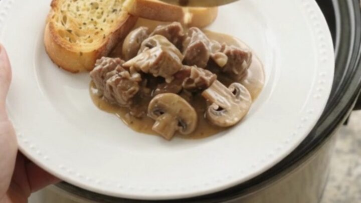 Creamy slow cooker beef tenderloin tips with broccoli and mushrooms in a rich Gruyère sauce