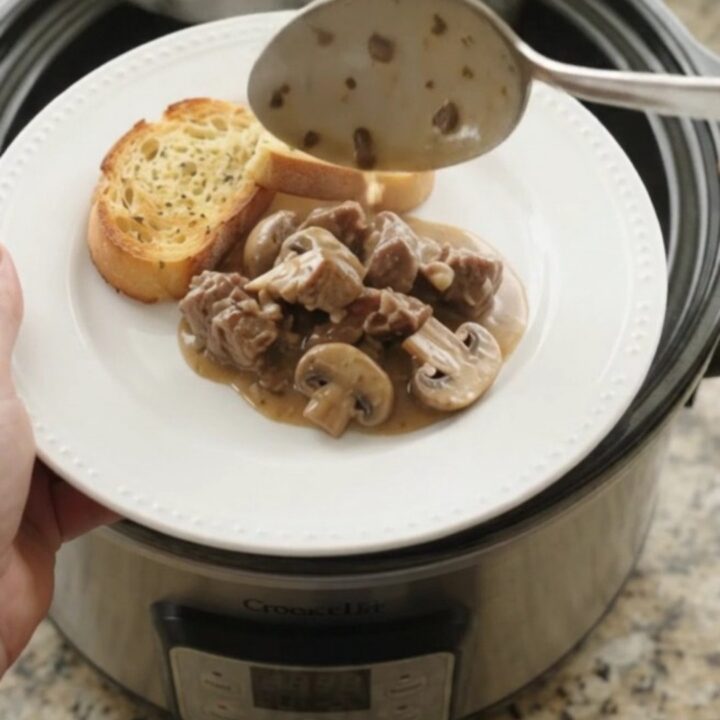Creamy slow cooker beef tenderloin tips with broccoli and mushrooms in a rich Gruyère sauce