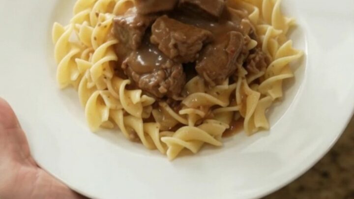 Slow cooker beef tenderloin tips with carrots and potatoes in a rich gravy