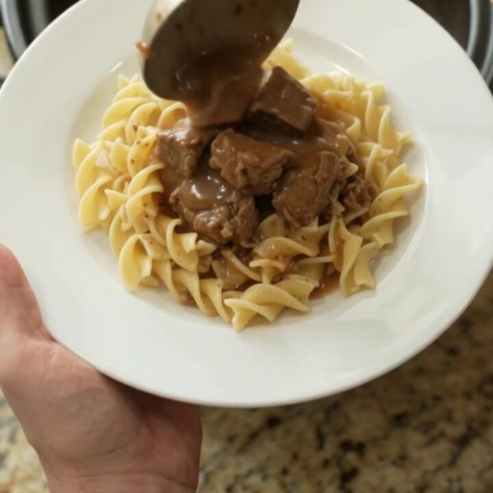 Slow cooker beef tenderloin tips with carrots and potatoes in a rich gravy