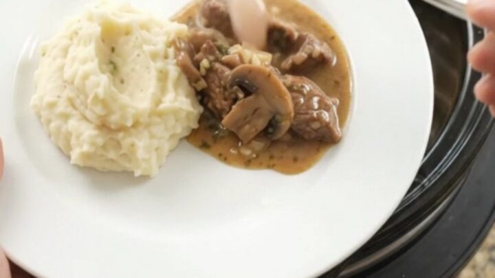 Slow cooker beef tenderloin tips with mushrooms and shallots in a rich butter sauce