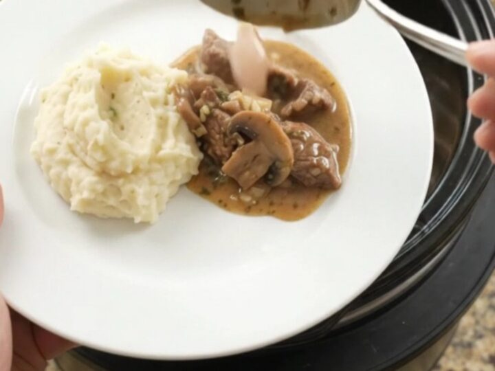 Slow cooker beef tenderloin tips with mushrooms and shallots in a rich butter sauce