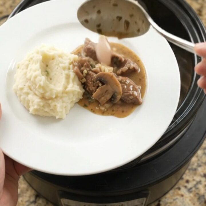 Slow cooker beef tenderloin tips with mushrooms and shallots in a rich butter sauce