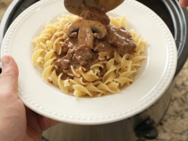 Slow cooker beef tenderloin tips and portobello mushrooms in creamy sour cream gravy, served over buttered egg noodles.