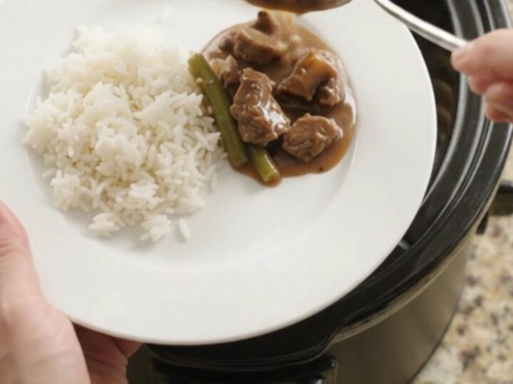 Slow cooker beef tenderloin tips with green beans and potatoes in bourbon gravy