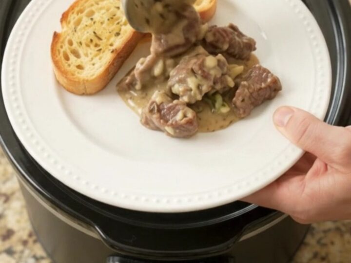 Slow cooker beef tenderloin tips and asparagus in a creamy Gruyère sauce, bubbling in a black crock.
