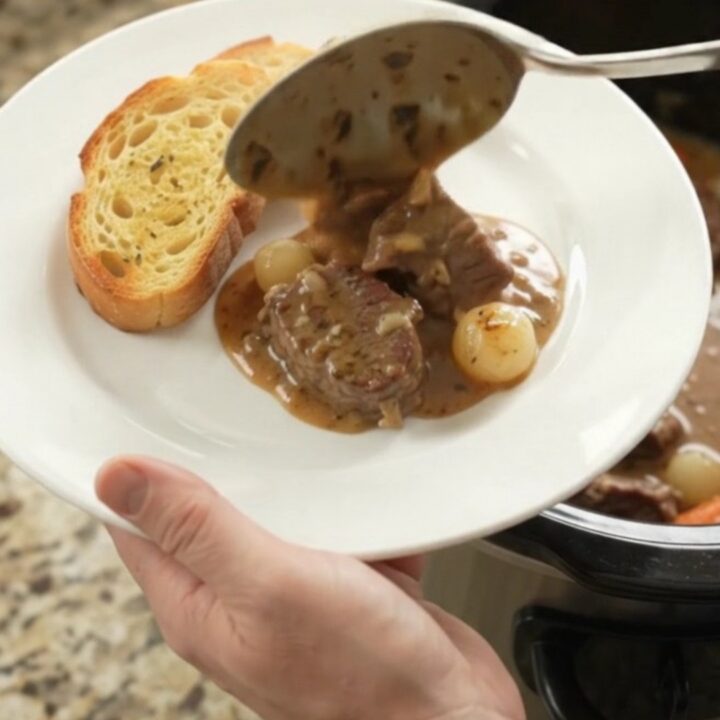 Slow-cooked beef tenderloin tips in creamy Gruyère sauce with pearl onions and carrots, served in a Crockpot