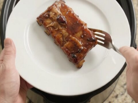 Slow-cooker cherry cola BBQ ribs in a glossy black Crockpot, coated in sticky sauce.