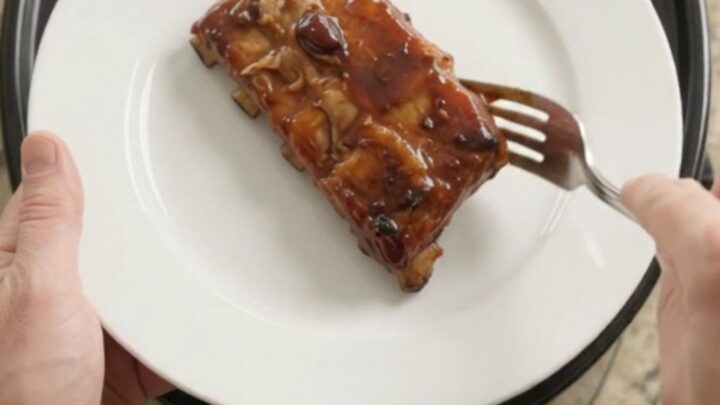 Slow-cooker cherry cola BBQ ribs in a glossy black Crockpot, coated in sticky sauce.