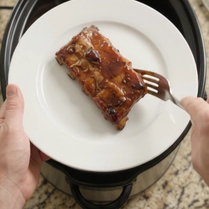Slow-cooker cherry cola BBQ ribs in a glossy black Crockpot, coated in sticky sauce.