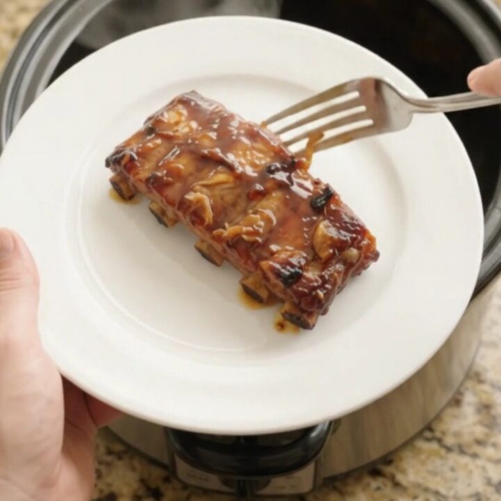 Slow-cooker baby back ribs with garlic and rosemary in a black Crockpot, glazed with honey hickory sauce