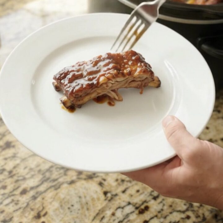 Slow cooker molasses garlic baby back ribs, glistening with dark sauce and topped with rosemary and garlic confit.