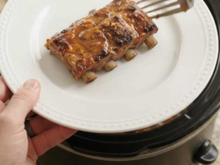 Slow-cooker baby back ribs glazed with maple bourbon sauce, garnished with fresh parsley on a white plate.