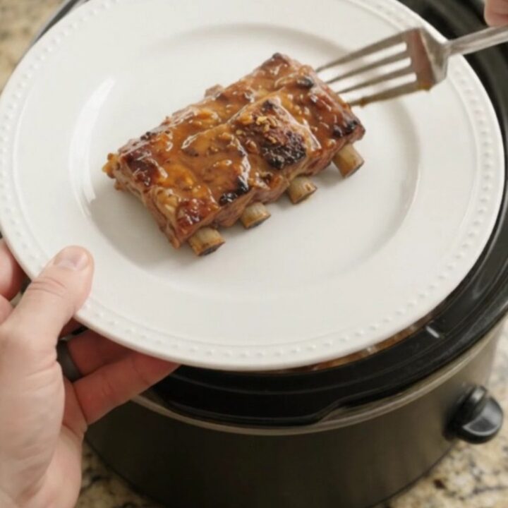 Slow-cooker baby back ribs glazed with maple bourbon sauce, garnished with fresh parsley on a white plate.
