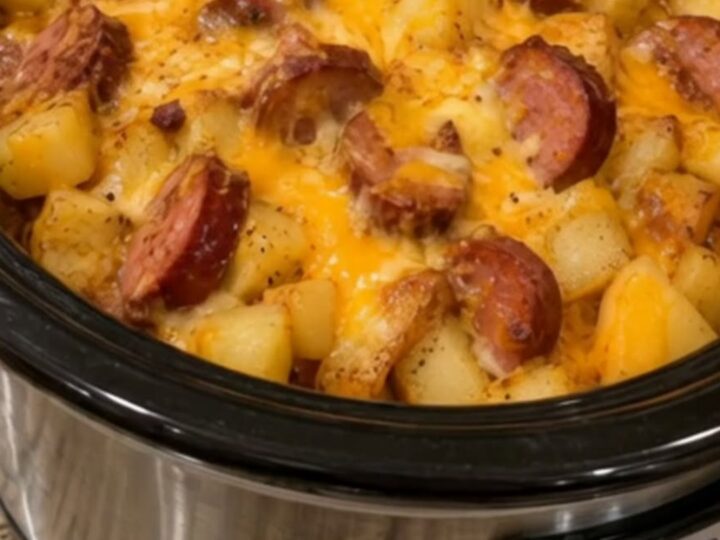 A close-up of a spoon lifting cheesy potatoes and sliced kielbasa from a stainless steel slow cooker.