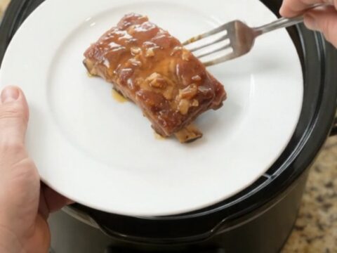 Slow-cooker spare ribs with pineapple rings in a glossy maple bourbon BBQ sauce, shown in the slow cooker.
