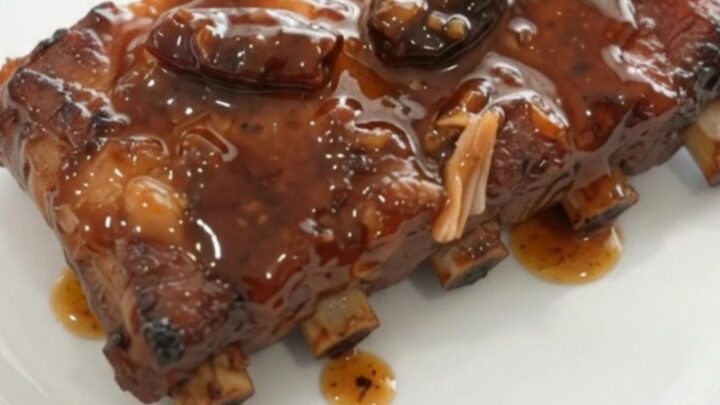 Pull-apart spare ribs glistening with smoky chipotle honey glaze in a black slow cooker
