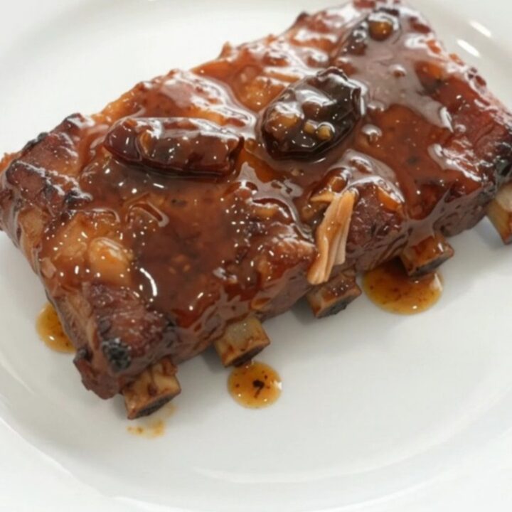 Pull-apart spare ribs glistening with smoky chipotle honey glaze in a black slow cooker