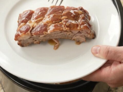 Slow cooker cherry cola maple bourbon spare ribs glistening with glaze