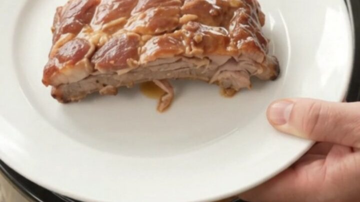 Slow cooker cherry cola maple bourbon spare ribs glistening with glaze