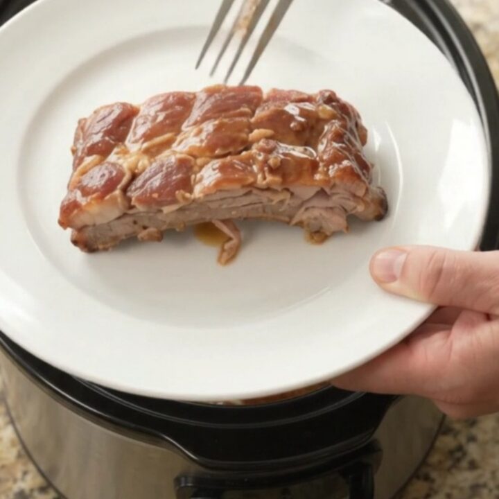 Slow cooker cherry cola maple bourbon spare ribs glistening with glaze